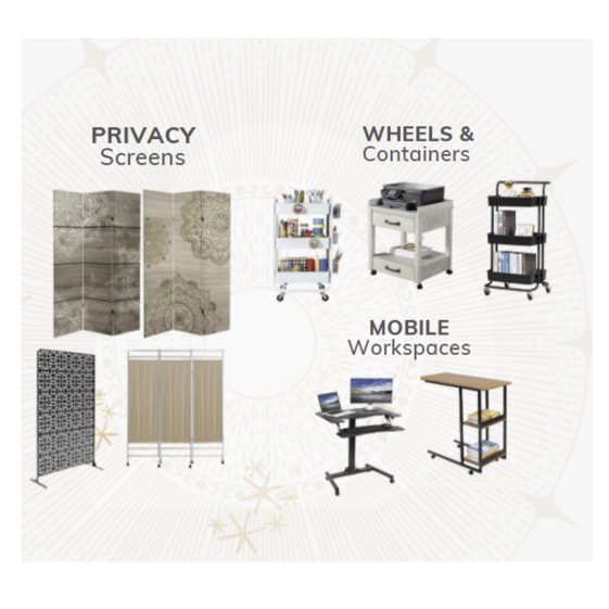 A visual of various transitional tools from privacy screens to mobile workspaces. 