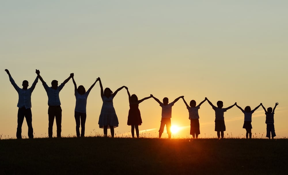 People silhouettes on sunset meadow having fun-1