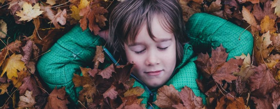 A child wearing a green jacket asleep in a pile of fall leaves. 