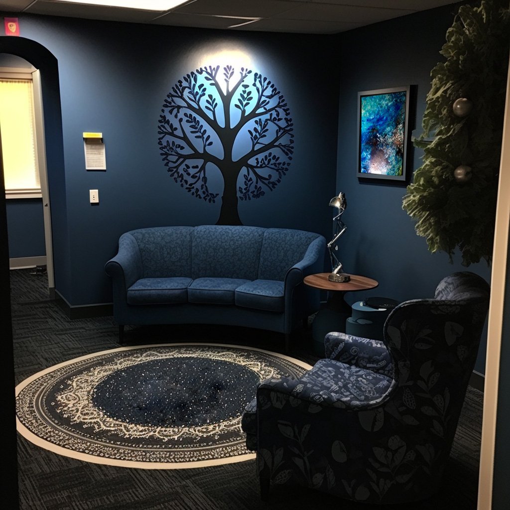 A warm, inviting waiting room with blue walls, a blue sofa, and a cozy armchair with a large tree mural highlighted on the back wall. 